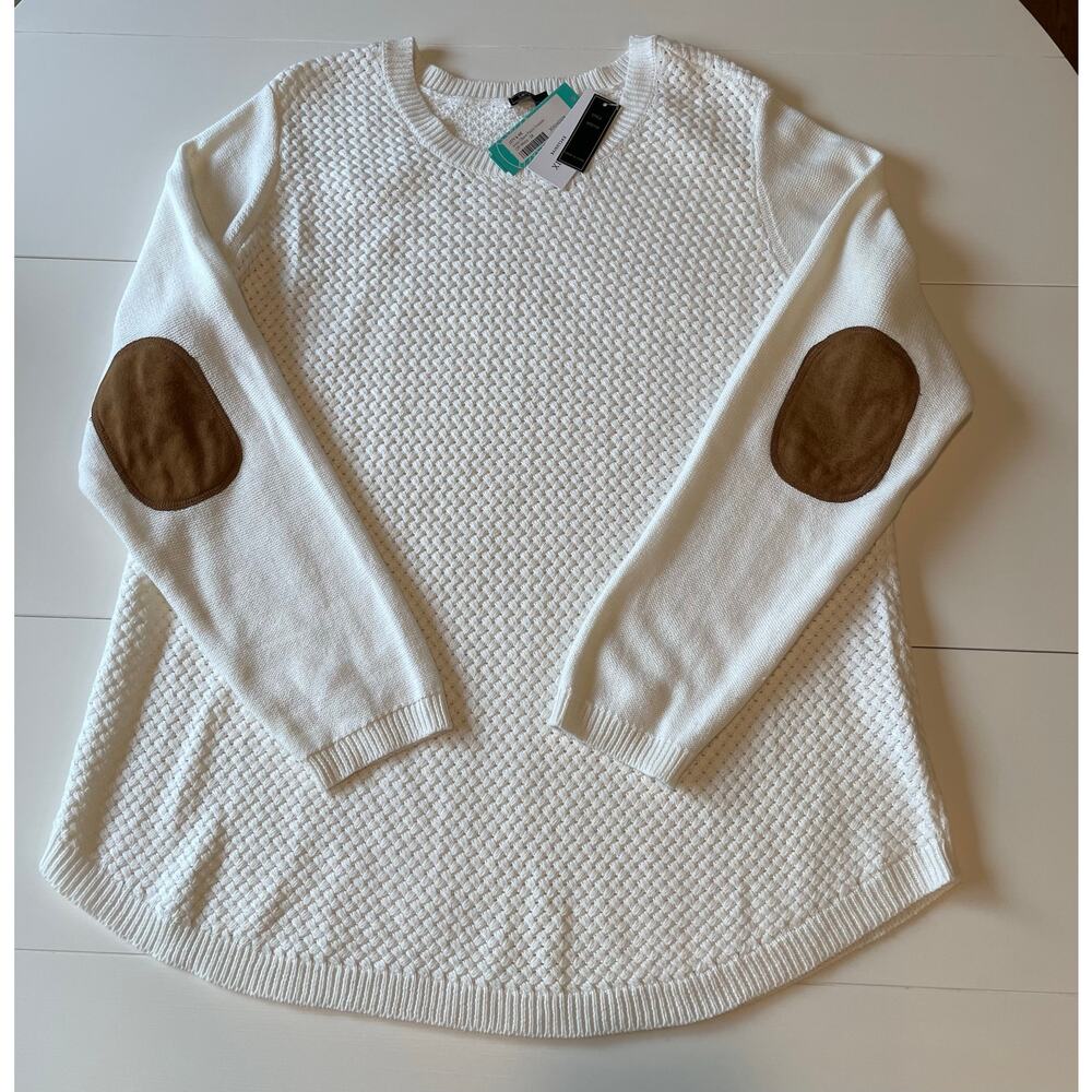 Lety & Me NWT Josey Elbow Patch Knit Sweater Sz 2X Cream Preppy Casual Neutral - Picture 7 of 11